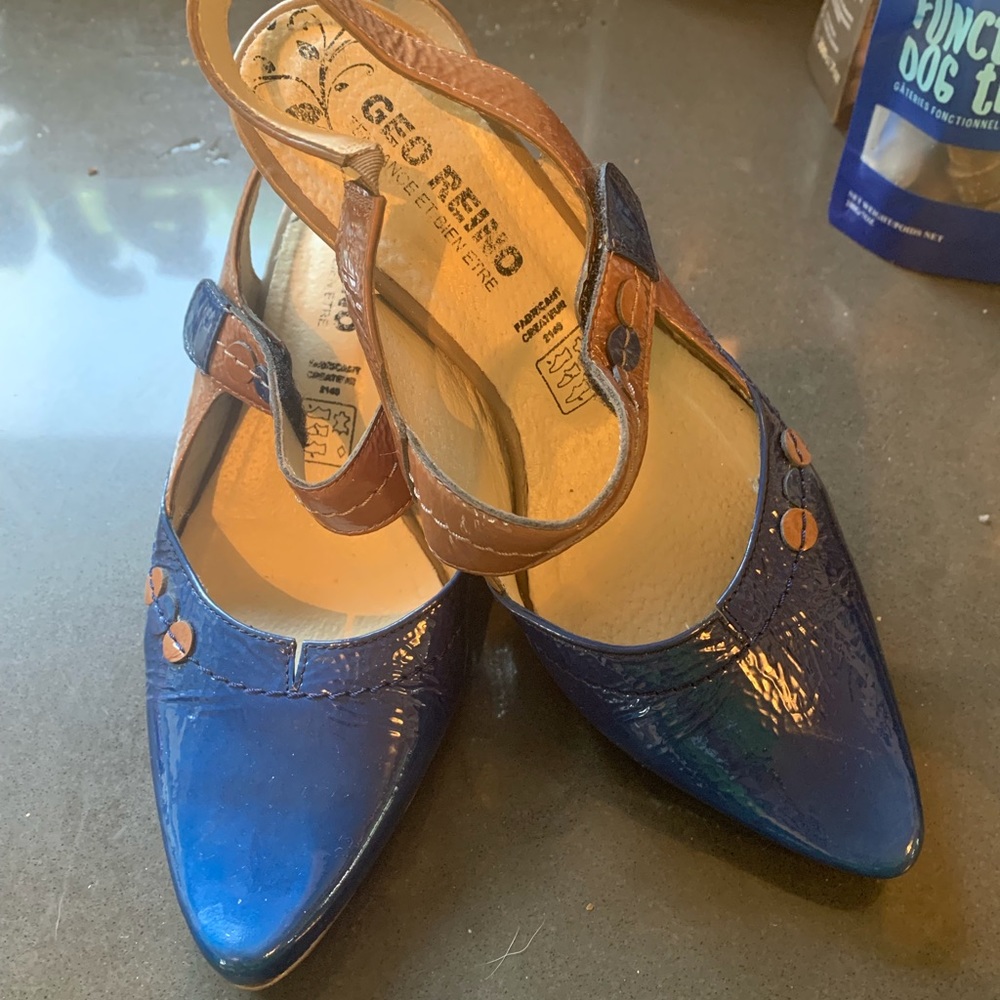Leather upper . Blue paton with Art Deco detailing . Size 37